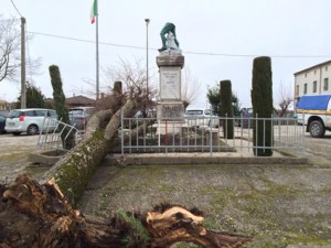 Il monumento di Terranova spezzato dall'albero abbattuto dal maltempo il 5 febbraio 2015 (Foto Comune di Pontelongo)